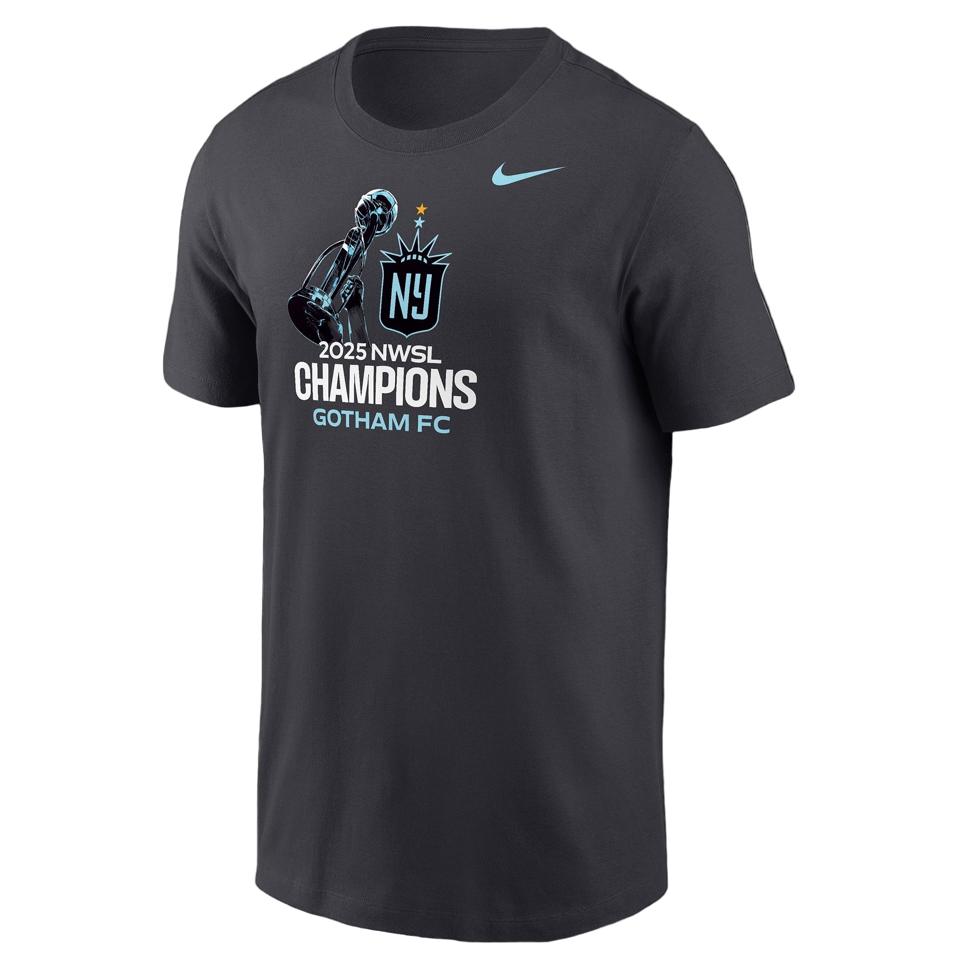 Black t-shirt with '2023 NWSL Champions Gotham FC' text and logo on a white background