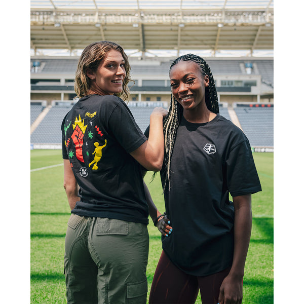 Unisex NWSL Juneteenth Black Tee - Front and Back Views, on Players